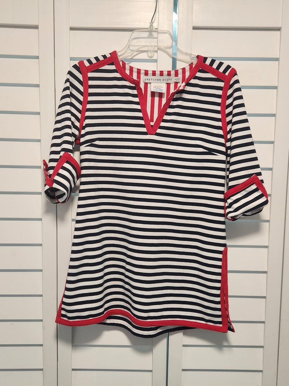 Gretchen Scott Designs Navy & White Striped Top with Red Trim